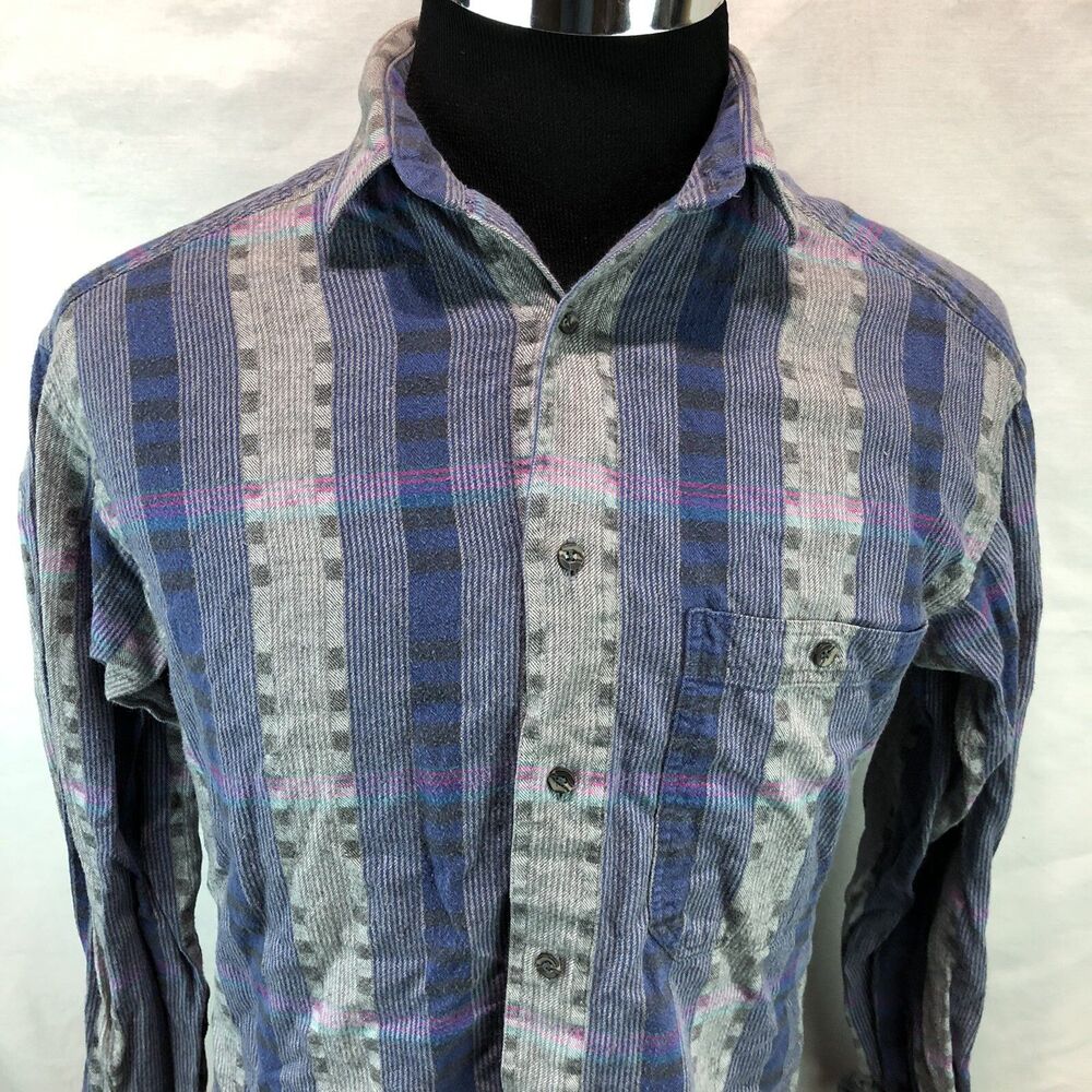 The North Face Brown Trout Blue Gray Red Striped Button Front Flannel Medium